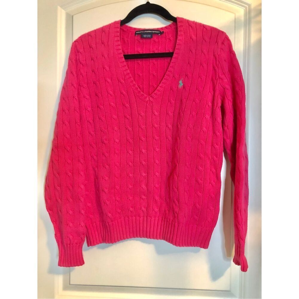 VTG Ralph Lauren Sport Cable Cotton Sweater Sz L Pink with green pony Preppy Y2K